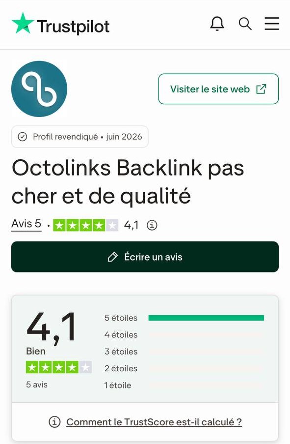 Page Trustpilot d'Octolinks le 22 octobre 2026 : TrustScore 4,1 sur 5, 5 avis, profil revendiqué en juin 2026