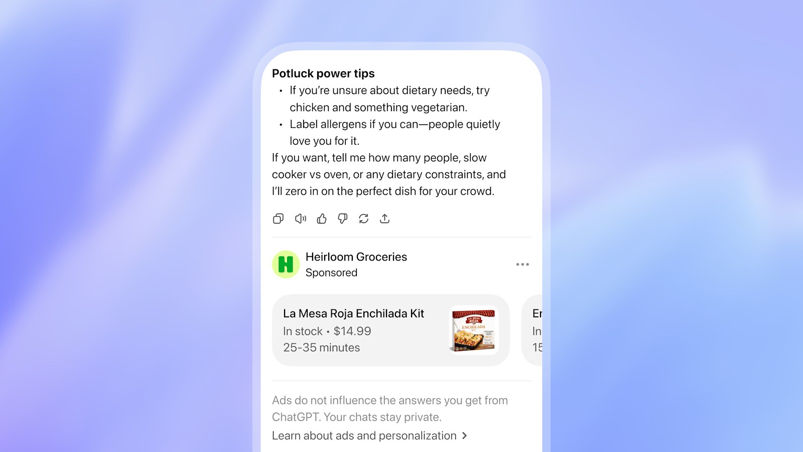 Capture officielle OpenAI : sous la réponse de ChatGPT, un encart séparé affiche une recommandation sponsorisée (Heirloom Groceries, mention Sponsored) avec fiche produit, prix et délai de livraison.
