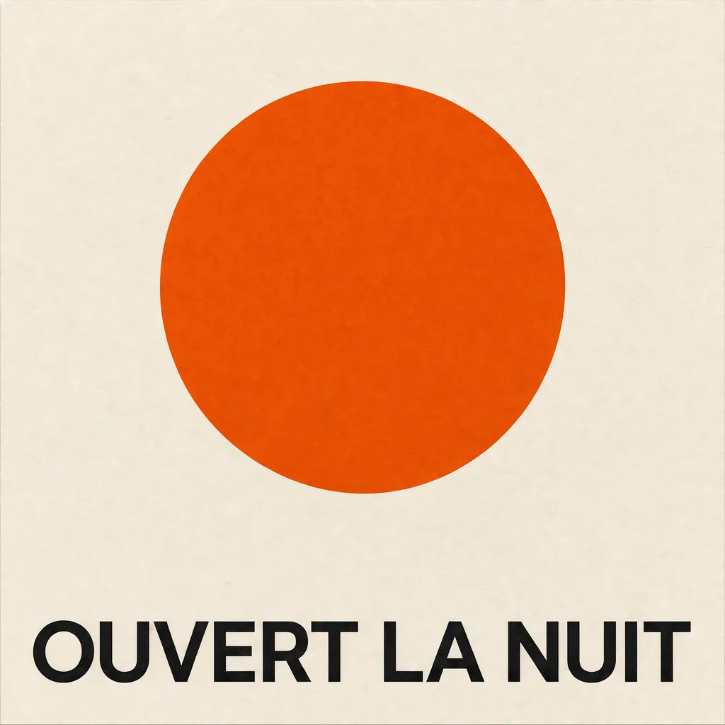 Affiche minimaliste avec un cercle orange et le texte OUVERT LA NUIT, généré par FLUX 3 Image