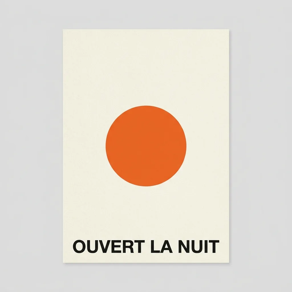 Affiche minimaliste avec un cercle orange et le texte OUVERT LA NUIT, généré par Gemini 3 Pro Image