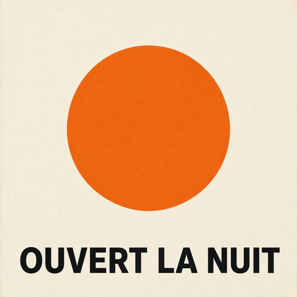 Affiche minimaliste avec un cercle orange et le texte OUVERT LA NUIT, généré par Grok Imagine Image 2.0