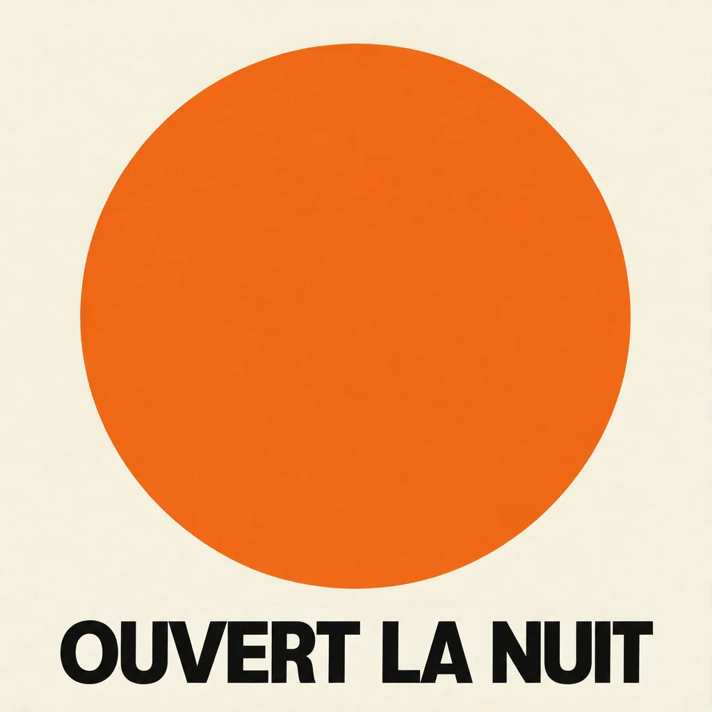 Affiche minimaliste avec un cercle orange et le texte OUVERT LA NUIT, généré par GPT Image 2.5 Sunburst