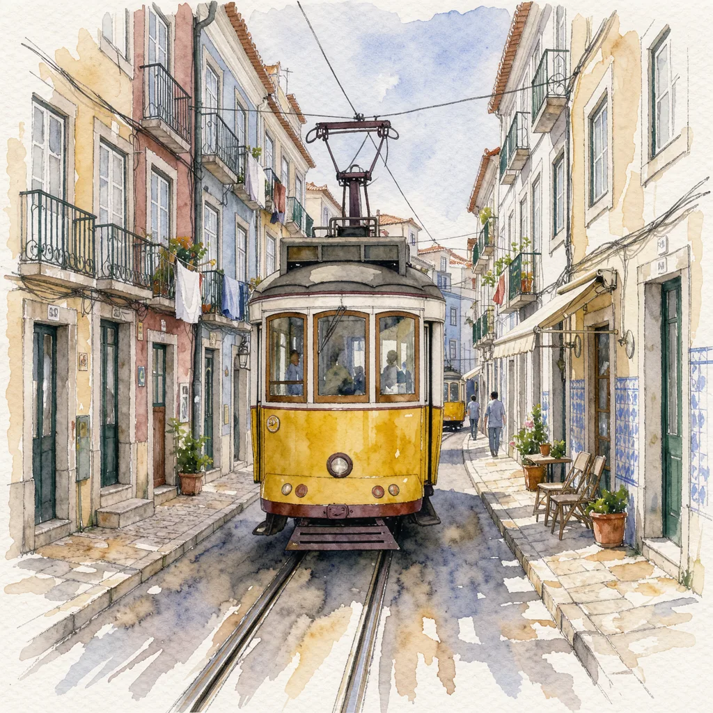 Aquarelle d'une rue de Lisbonne avec un tramway jaune, généré par FLUX 3 Image