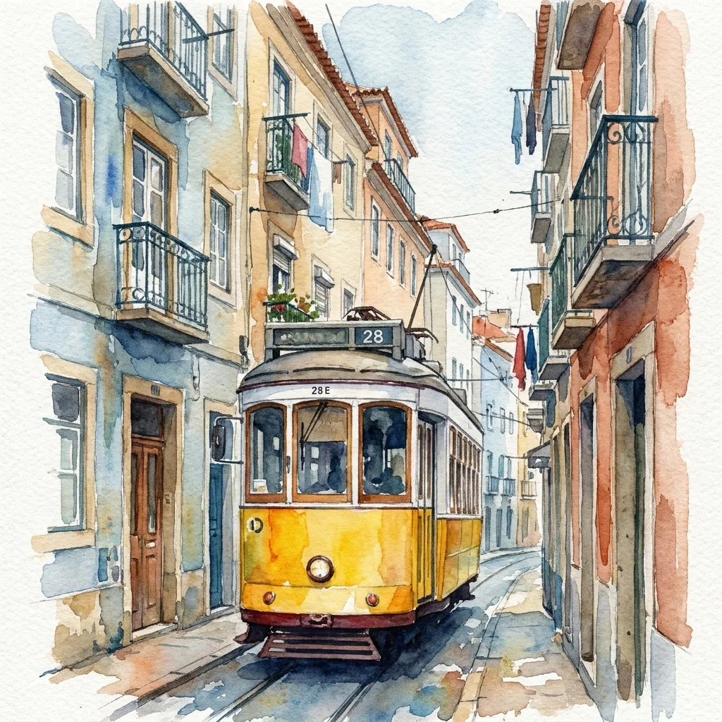 Aquarelle d'une rue de Lisbonne avec un tramway jaune, généré par Gemini 3 Pro Image