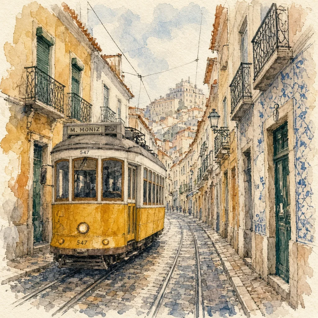 Aquarelle d'une rue de Lisbonne avec un tramway jaune, généré par Grok Imagine Image 2.0