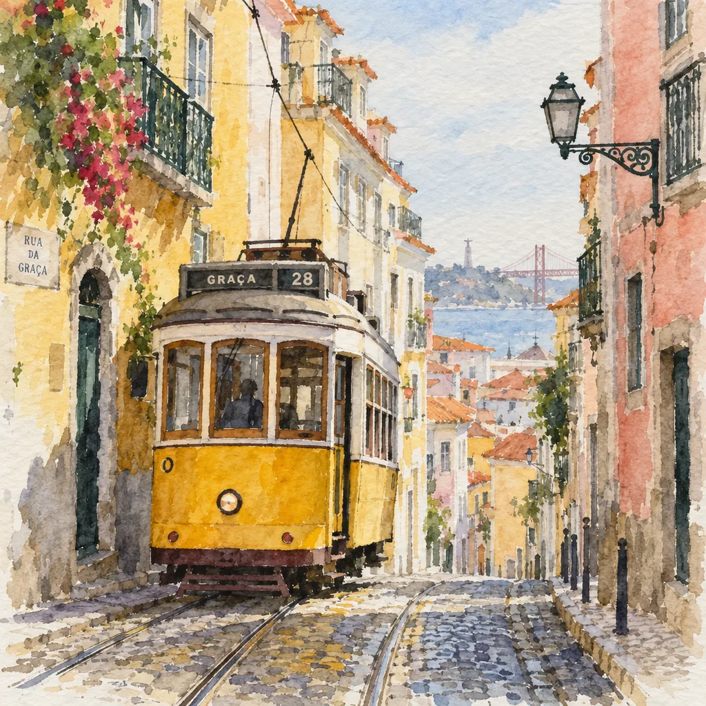 Aquarelle d'une rue de Lisbonne avec un tramway jaune, généré par GPT Image 2.5 Sunburst