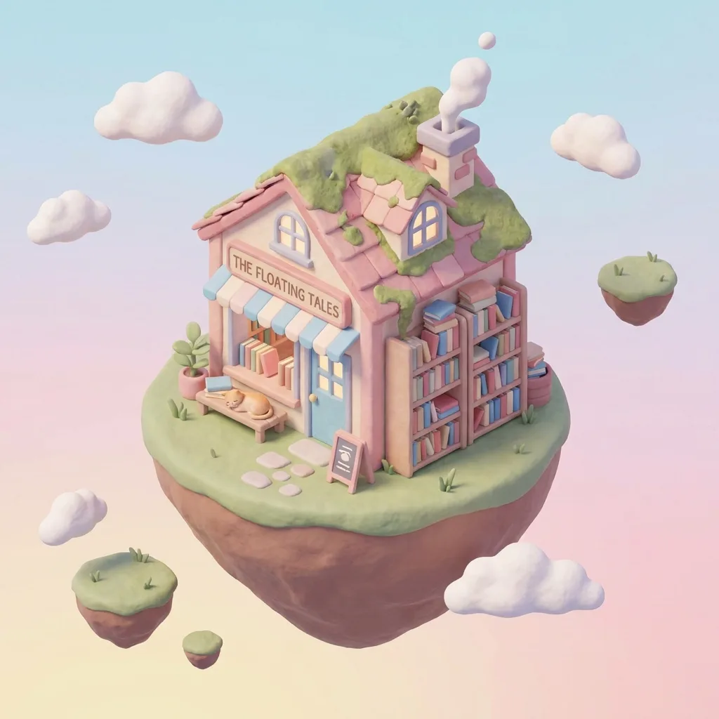 Petite librairie en 3D isométrique sur une île flottante, généré par Gemini 3 Pro Image