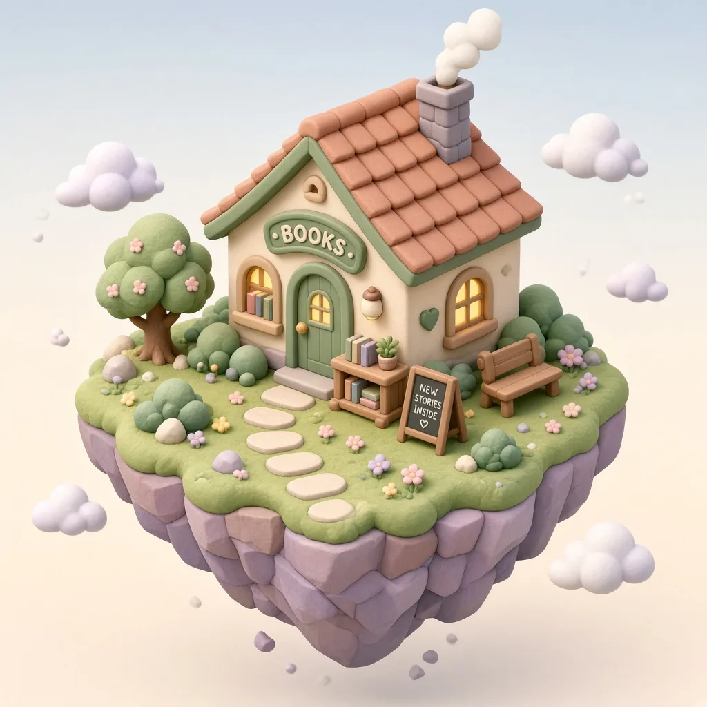 Petite librairie en 3D isométrique sur une île flottante, généré par Grok Imagine Image 2.0