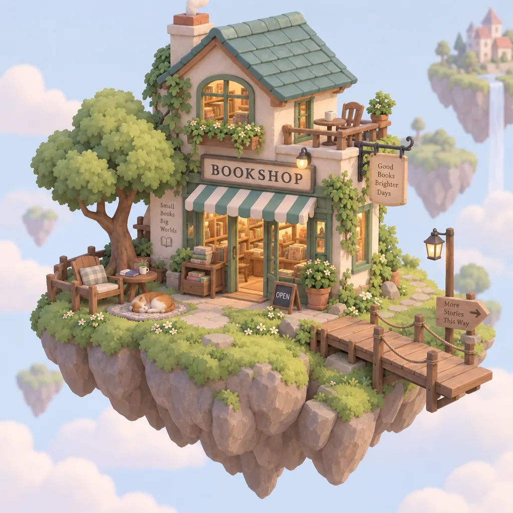 Petite librairie en 3D isométrique sur une île flottante, généré par GPT Image 2.5 Sunburst
