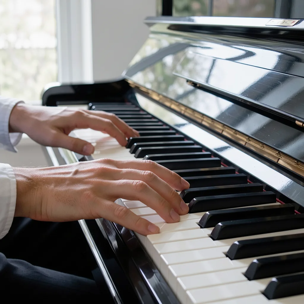 Gros plan de deux mains jouant du piano, généré par FLUX 3 Image