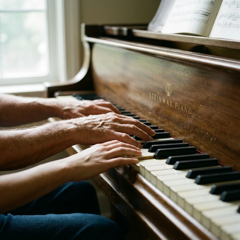 Gros plan de deux mains jouant du piano, généré par Gemini 3 Pro Image