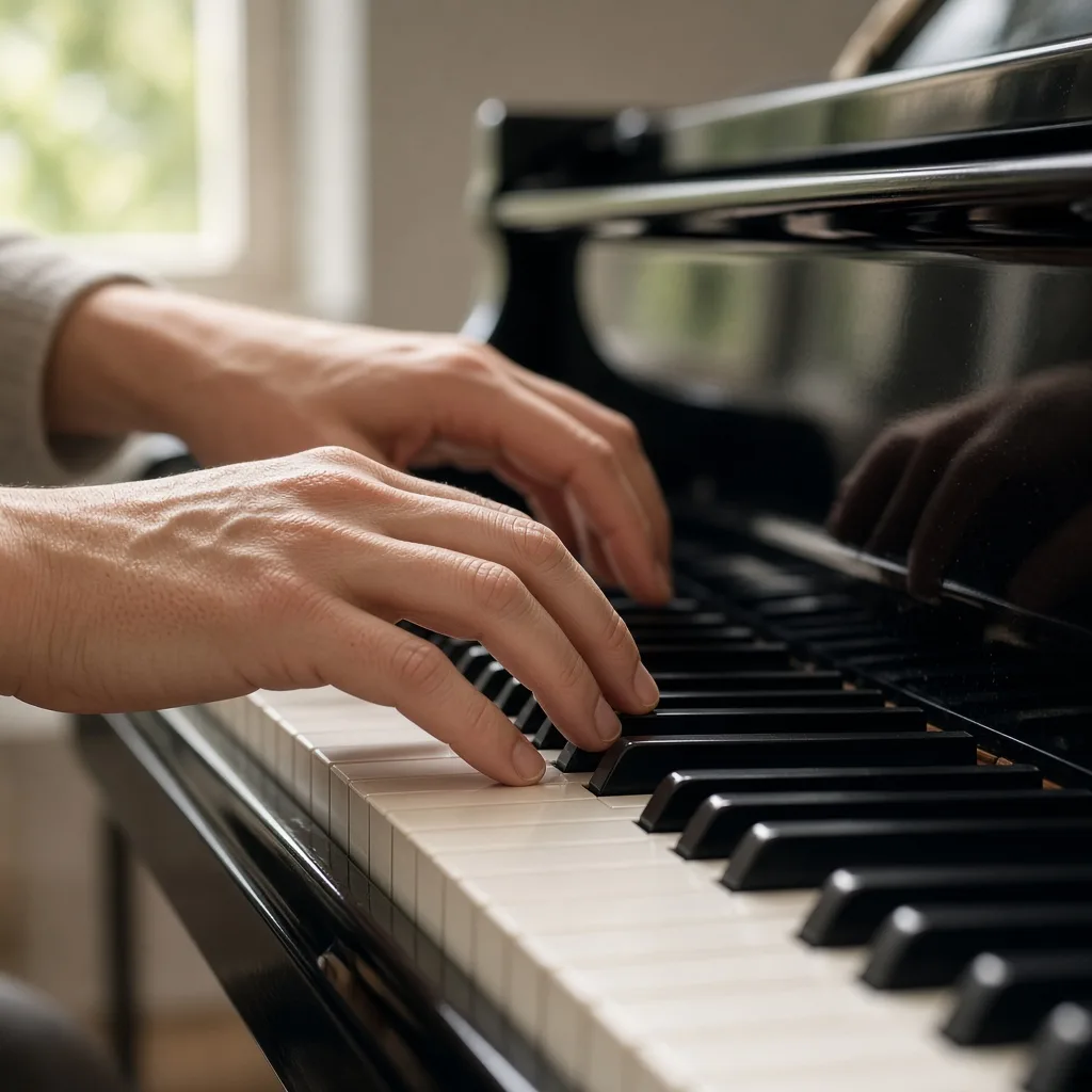 Gros plan de deux mains jouant du piano, généré par Grok Imagine Image 2.0