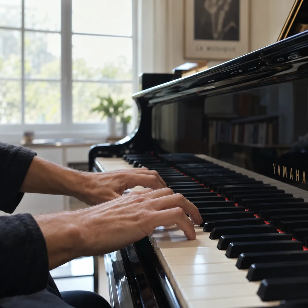 Gros plan de deux mains jouant du piano, généré par GPT Image 2.5 Sunburst