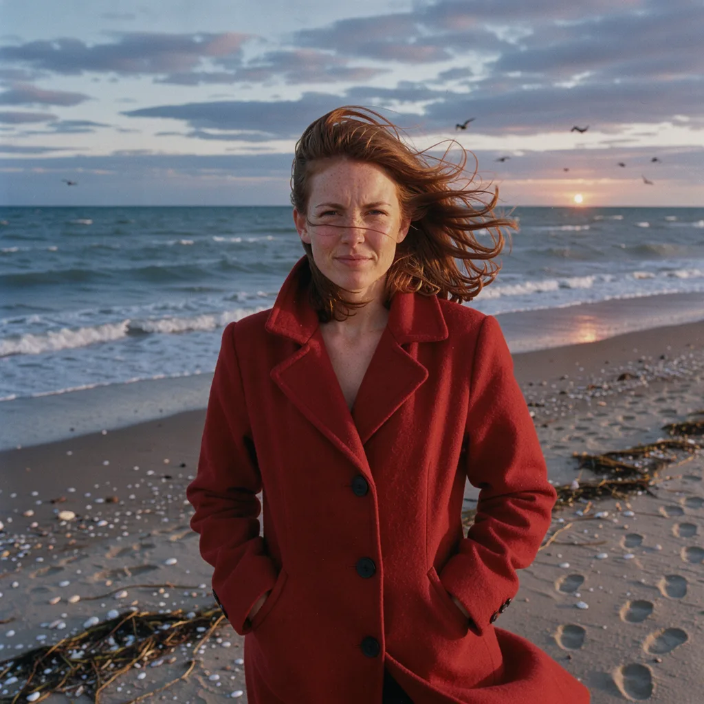 Portrait argentique d'une femme en manteau rouge sur une plage au crépuscule, généré par FLUX 3 Image