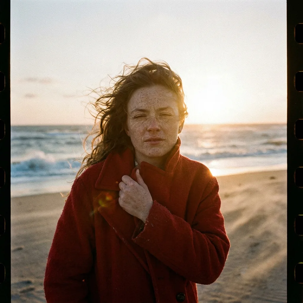Portrait argentique d'une femme en manteau rouge sur une plage au crépuscule, généré par Gemini 3 Pro Image