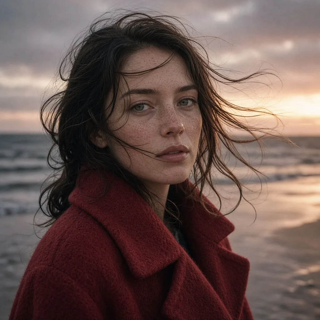 Portrait argentique d'une femme en manteau rouge sur une plage au crépuscule, généré par Grok Imagine Image 2.0