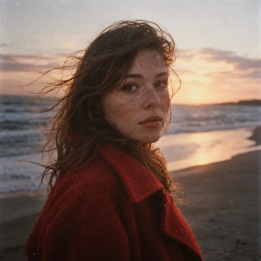 Portrait argentique d'une femme en manteau rouge sur une plage au crépuscule, généré par GPT Image 2.5 Sunburst