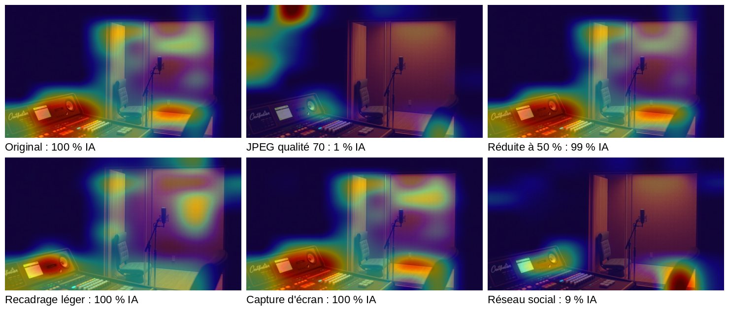 Six versions d'un visuel IA de studio d'enregistrement avec, en surimpression, la carte de chaleur du détecteur et le score obtenu
