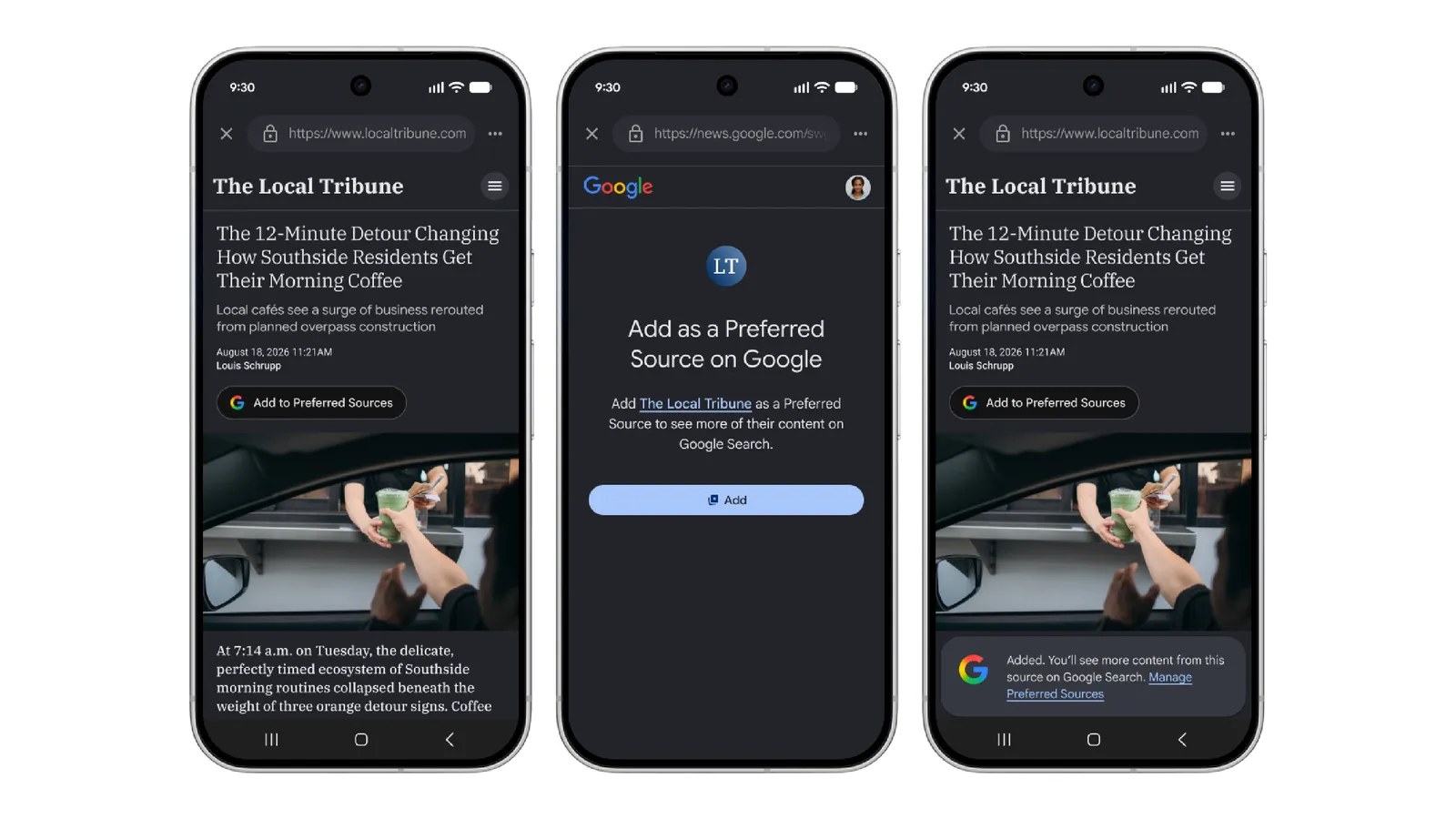 Visuel officiel Google : trois écrans mobiles montrant le bouton « Add to Preferred Sources » sur un site d'éditeur, l'écran de confirmation « Add as a Preferred Source on Google », puis le message de validation avec lien Manage Preferred Sources.