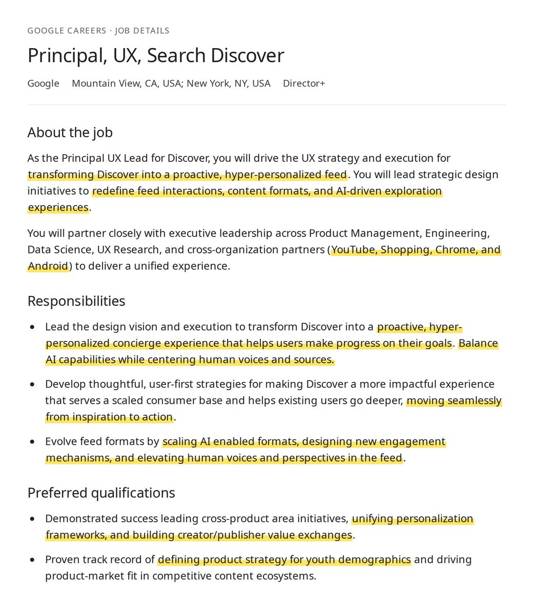 Capture de l'offre Principal, UX, Search Discover publiée sur Google Careers, passages clés surlignés en jaune