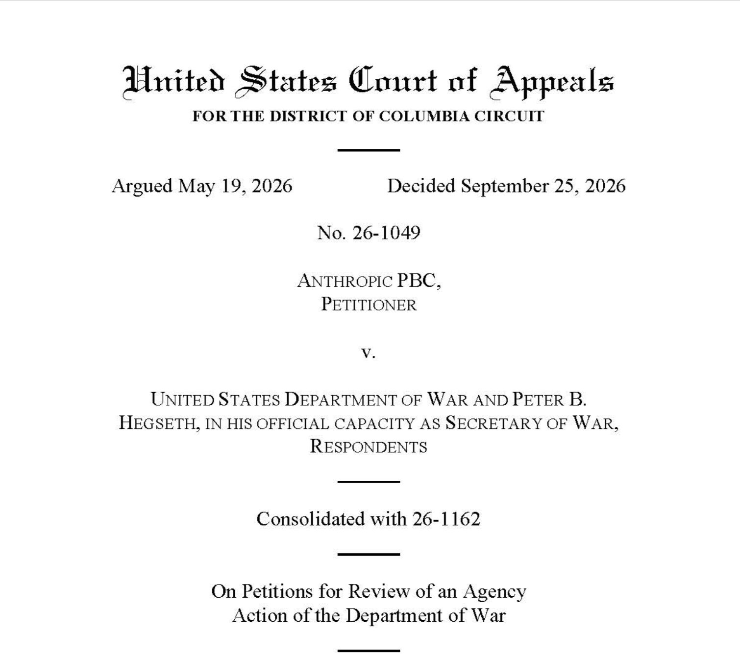 Première page de la décision de la cour d'appel du circuit de Washington, Anthropic PBC contre le département de la Guerre, n° 26-1049, décidée le 25 septembre 2026
